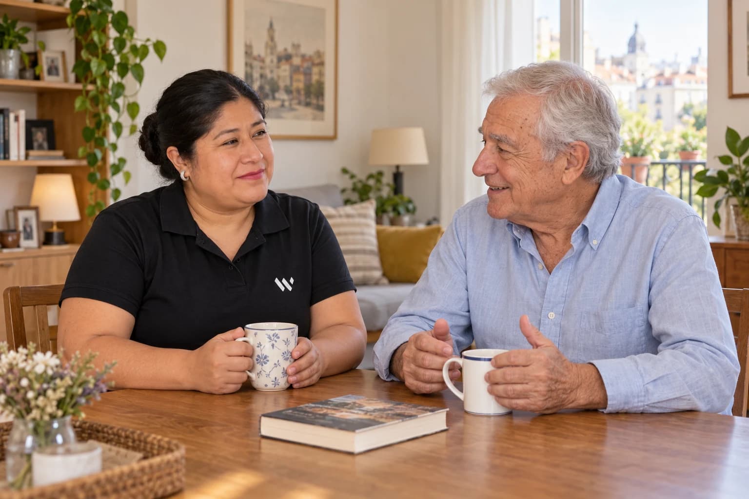 Escena ilustrativa de una integrante de Iglow conversando con una persona mayor en casa