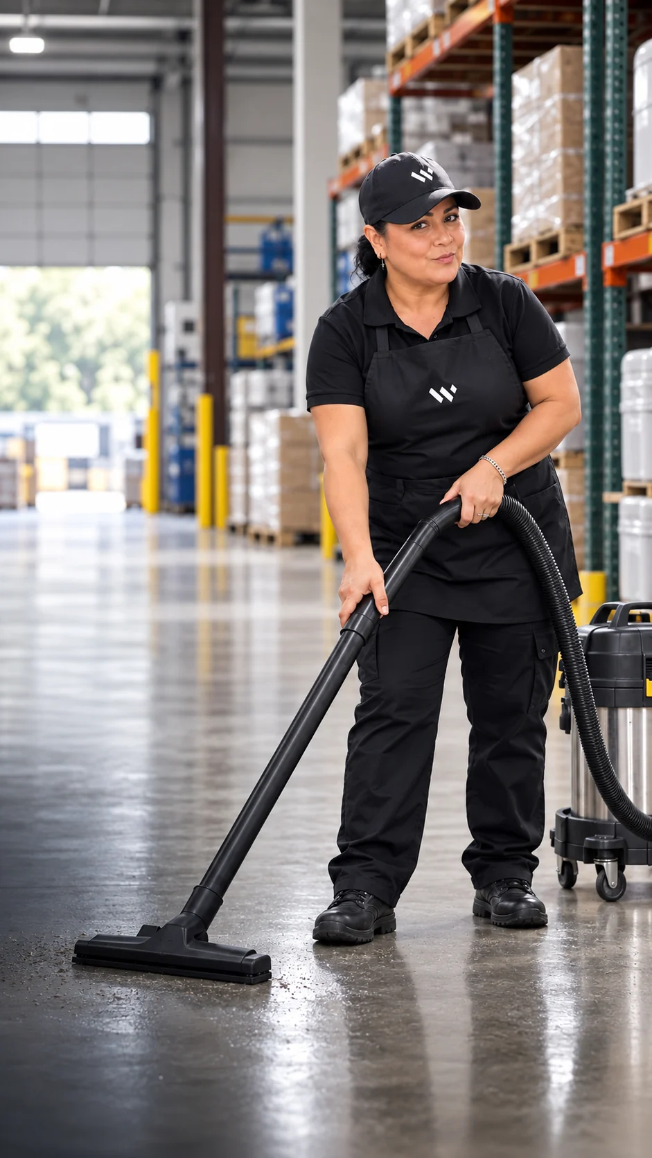 Lidys from the Iglow team vacuuming a warehouse floor.
