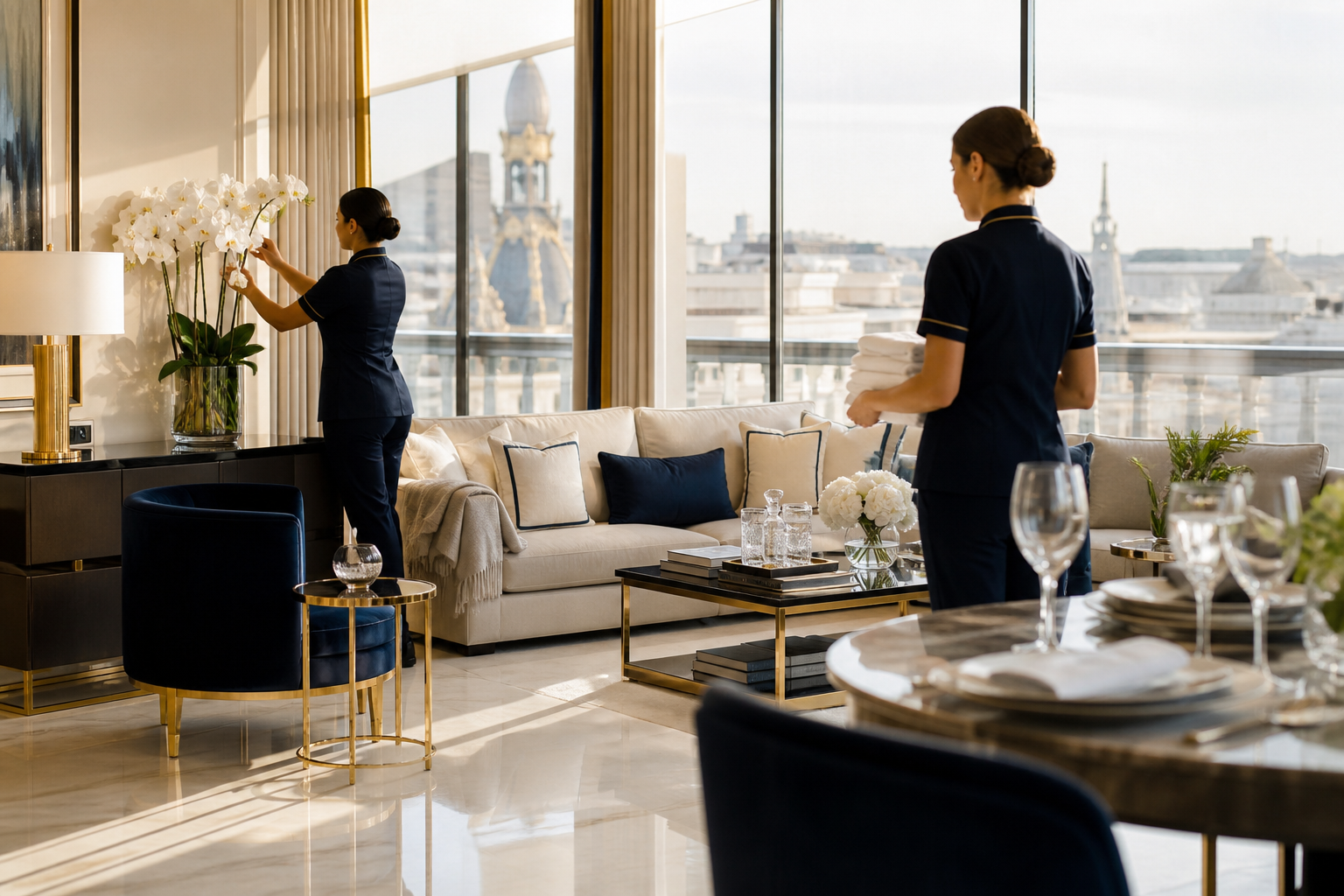 Equipo Collection en un salón de lujo con luz natural, preparando una residencia en Madrid.