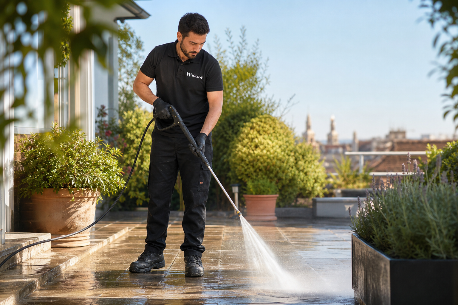 Profesional de Iglow limpiando una terraza exterior en Madrid